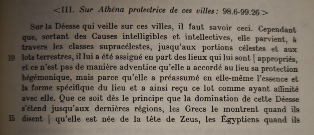 Passage du Commentaire du Timée de Proklos citant Athéna, "protectrice des villes", "née de la tête de Zeus".